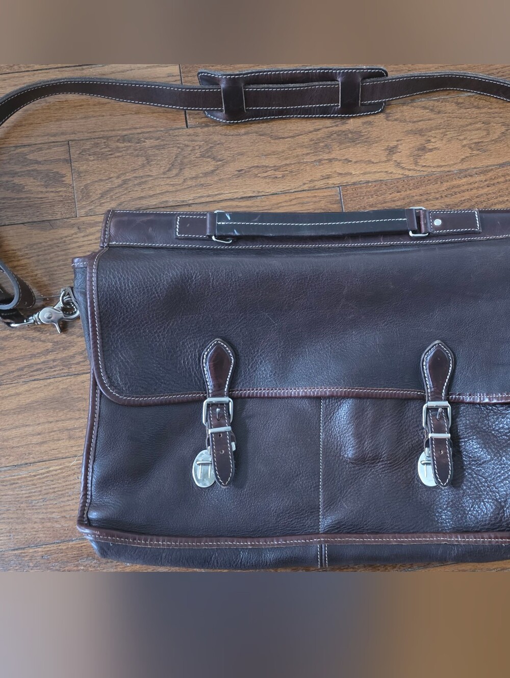 Vintage 90s Roots Dark Brown Leather Messenger Bag with Buckle Accents